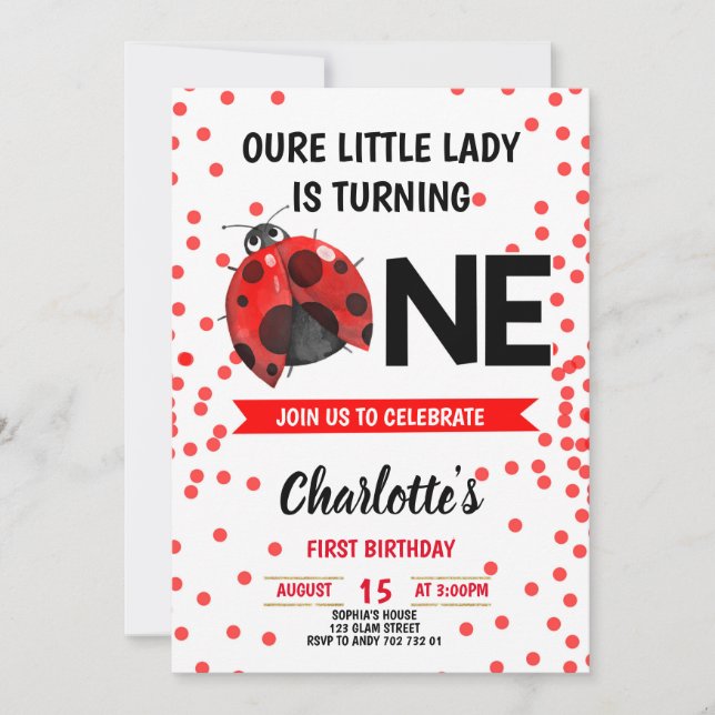 Nyckelpiga Girl First Birthday Red Confetti Inbjudningar (Framsida)