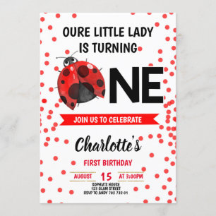 Nyckelpiga Girl First Birthday Red Confetti Inbjudningar
