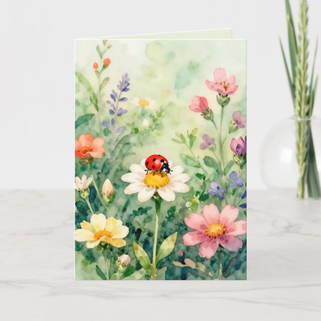 Nyckelpiga i en trädgård av blommor kort (Framsida)