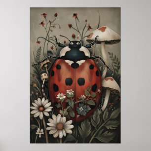 Nyckelpiga i mörkt blommor och svamp trädgårdstryc poster