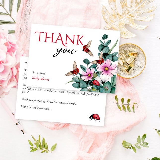 Nyckelpiga lilla dam babydusch tack kort (Lady bug little lady spring summer girls baby shower thank you cards eucalyptus greenery cute bugs)