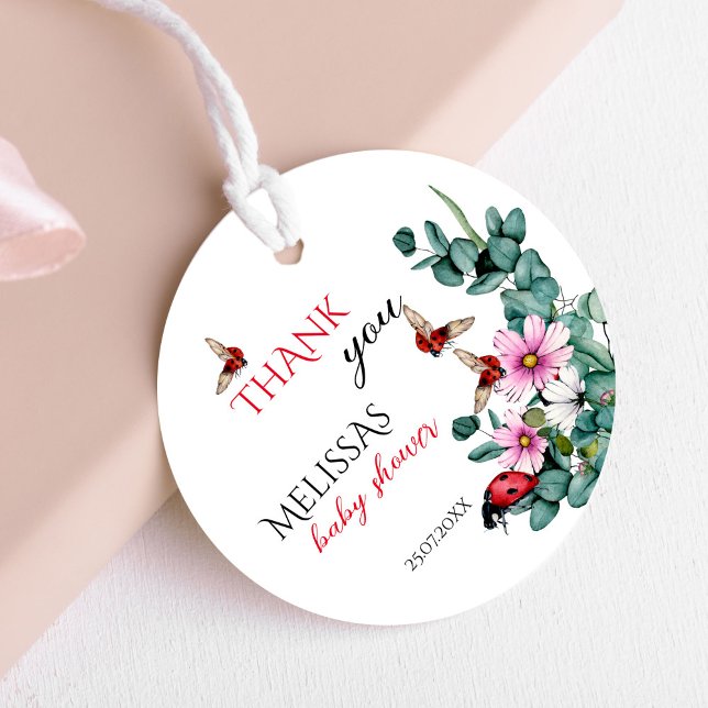 Nyckelpiga liten dam babydusch gåvor etiketter (Lady bug little lady baby shower  favors personalized printed thank you favor tags)