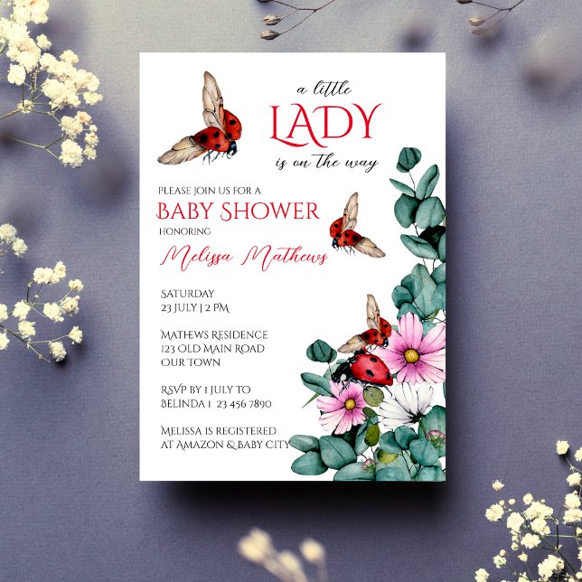 Nyckelpiga liten inbjudan till babydusch i dam (Lady bug little lady spring summer girls baby shower invitation editable template instant download)