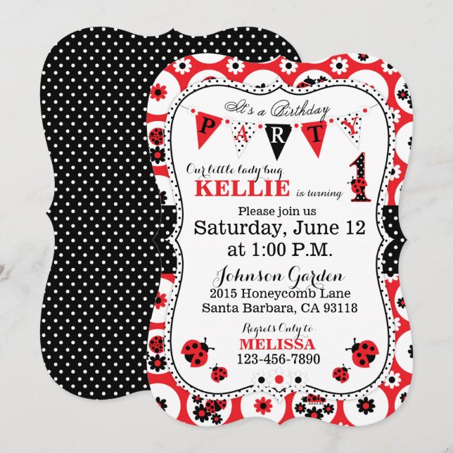 Nyckelpiga och Polka dots födelsedag Inbjudan (Fram/baksida)