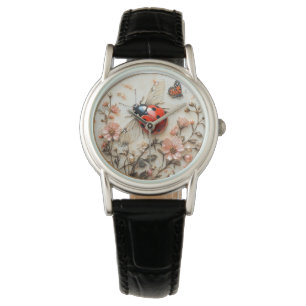 Nyckelpiga Rosa Blommor Pärlor Fjäril Armbandsur