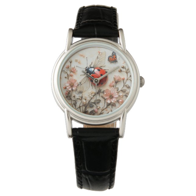 Nyckelpiga Rosa Blommor Pärlor Fjäril Armbandsur (Framsida)