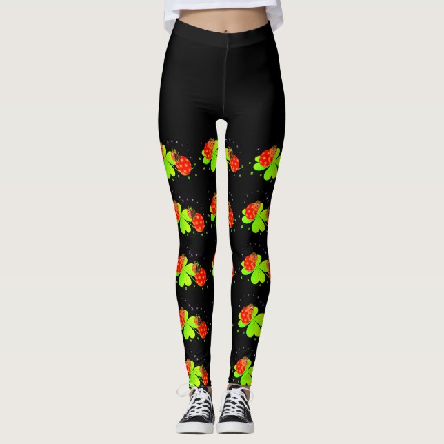 Nyckelpigor på en Shamrock Mönster Black Top Leggi Leggings (Framsida)