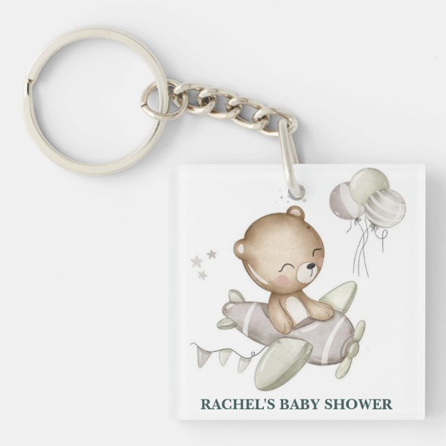 Nyckelring för baby shower med teddybjörn i flygpl (Framsidan)