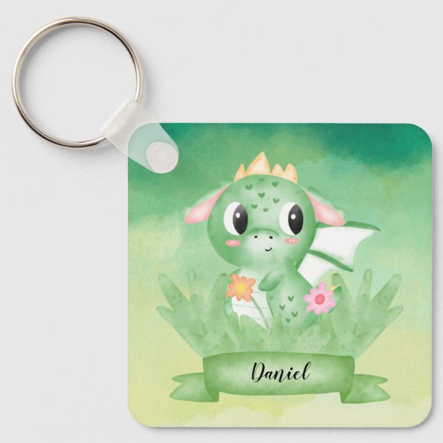 Nyckelring för vattenfärgsknapp för Cute Baby-drak (Framsida)