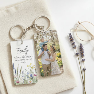 Nyckelring med familjecitat och vildblomsfoto