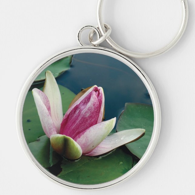 Nyckelring med rund bild på rosa lotusblomma (Framsidan)