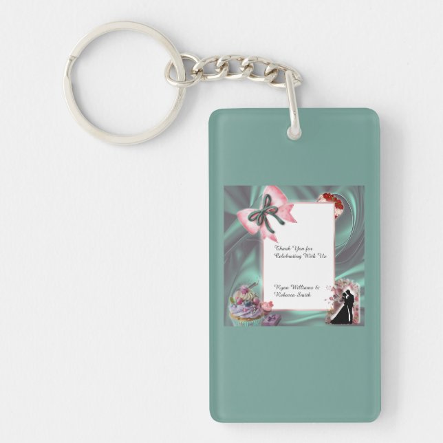 Nyckelring som bröllopsfavorit i teal och blush (Framsidan)