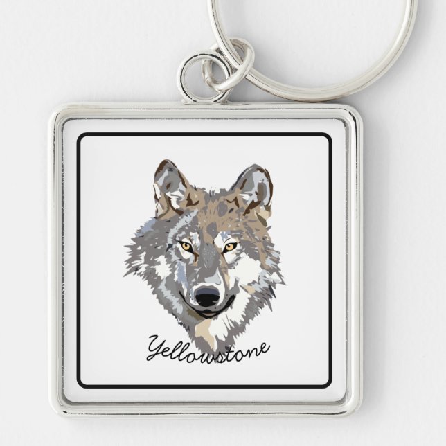 Nyckelring-Yellowstone Varg Fyrkantig Silverfärgad Nyckelring (Framsidan)
