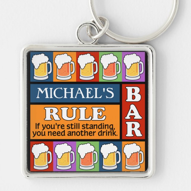 Nyckelringen ANPASSAT NAMN PÅ Pub-popup-artikel fö Fyrkantig Silverfärgad Nyckelring (Framsidan)