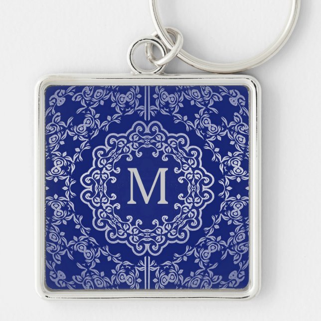 Nyckelringen Monogram Blue & Silver Filigree Motif Fyrkantig Silverfärgad Nyckelring (Framsidan)
