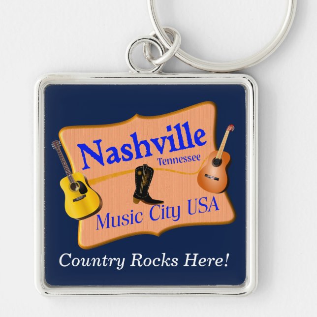 Nyckelringen Nashville Souvenir Fyrkantig Silverfärgad Nyckelring (Framsidan)