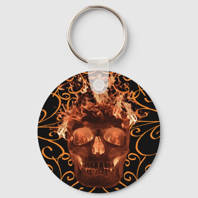 Nyckelringen orange Flaming Skull Nyckelring (Framsida)