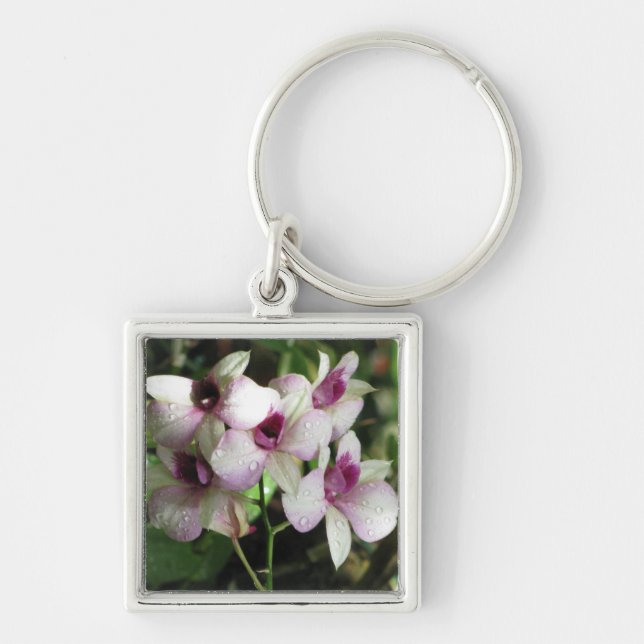 Nyckelringen Orchideer Fyrkantig Silverfärgad Nyckelring (Framsidan)