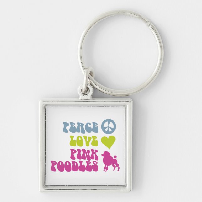 Nyckelringen Peace Kärlek Rosa Pudel, anpassa Fyrkantig Silverfärgad Nyckelring (Framsidan)