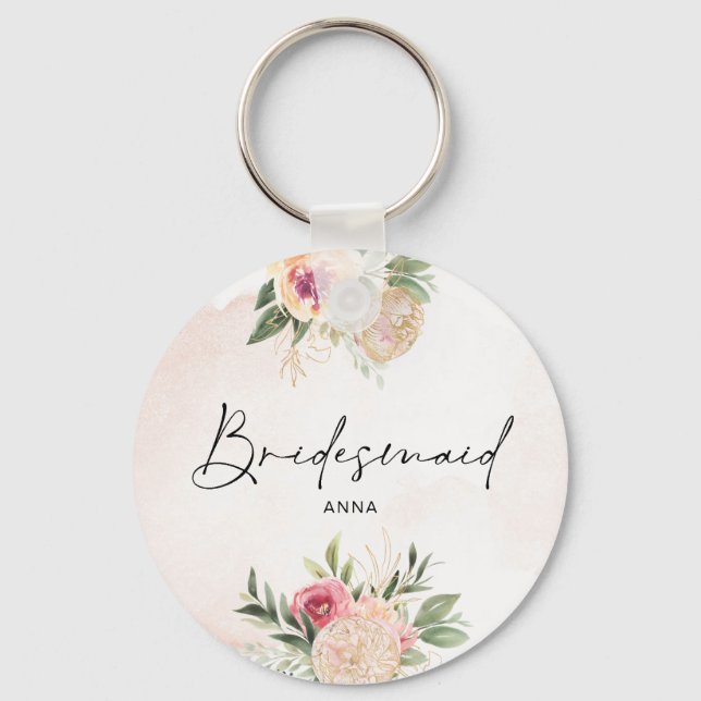 Nyckelringen Peony och Gold Foil Bloom Bridesmaid Nyckelring (Framsida)