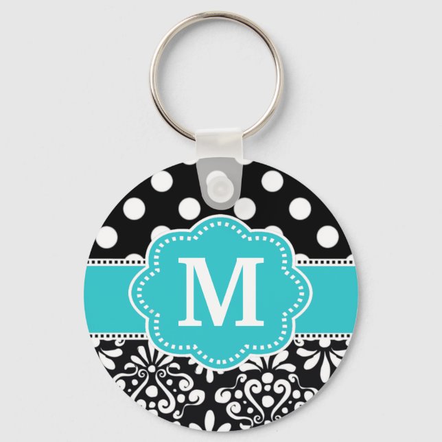 Nyckelringen Teal Dots Damask Monogram Nyckelring (Framsida)