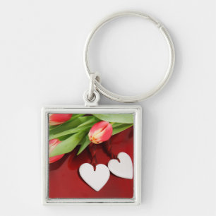 Nyckelringen Tulips & Hearts Fyrkantig Silverfärgad Nyckelring