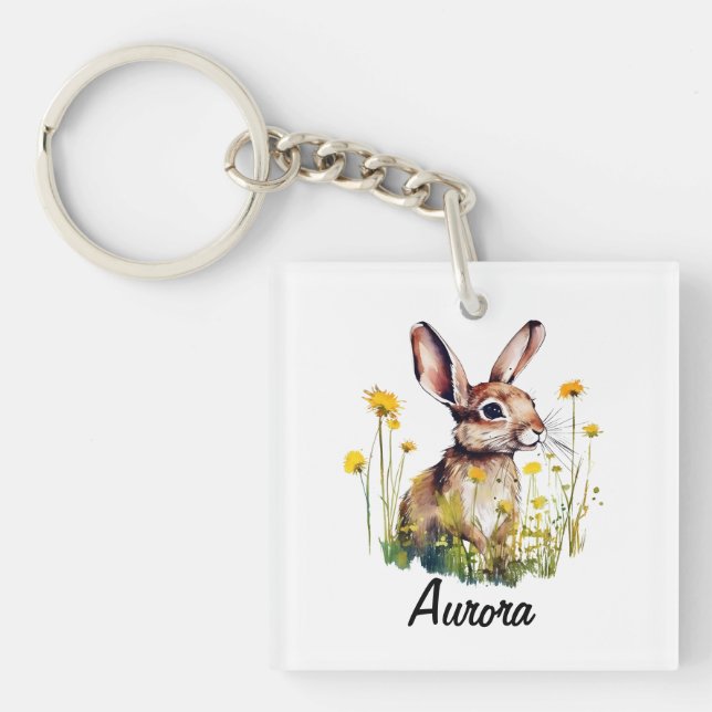 Nyckelringen Watercolor Bunny Dandelion Square (Framsidan)