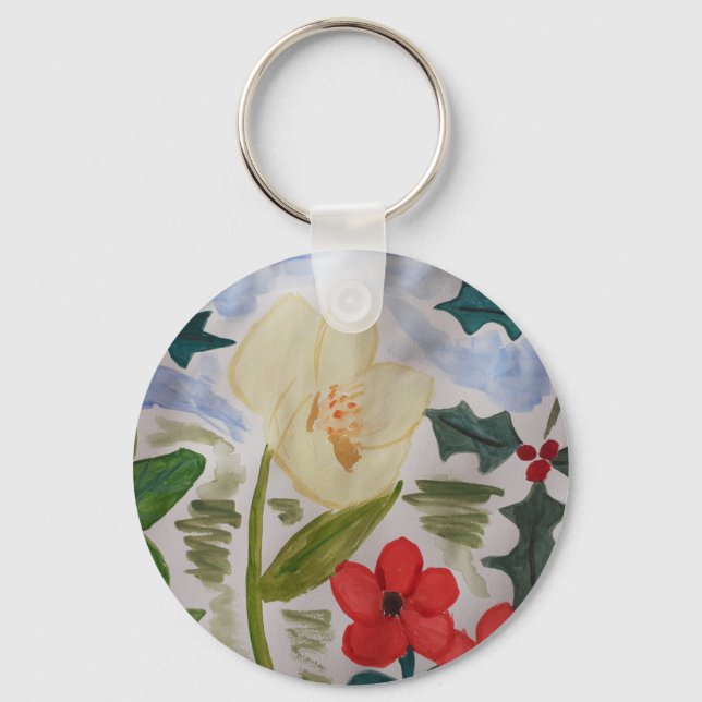 Nyckelringen Winter Flowers & Holly Button Nyckelring (Framsida)