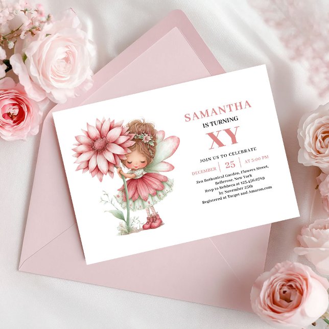 Nyckfull Älva Flicka 1-års Blush Blommig Inbjudningar (Whimsical Fairy Girl 1st Birthday Blush Floral Invitation)