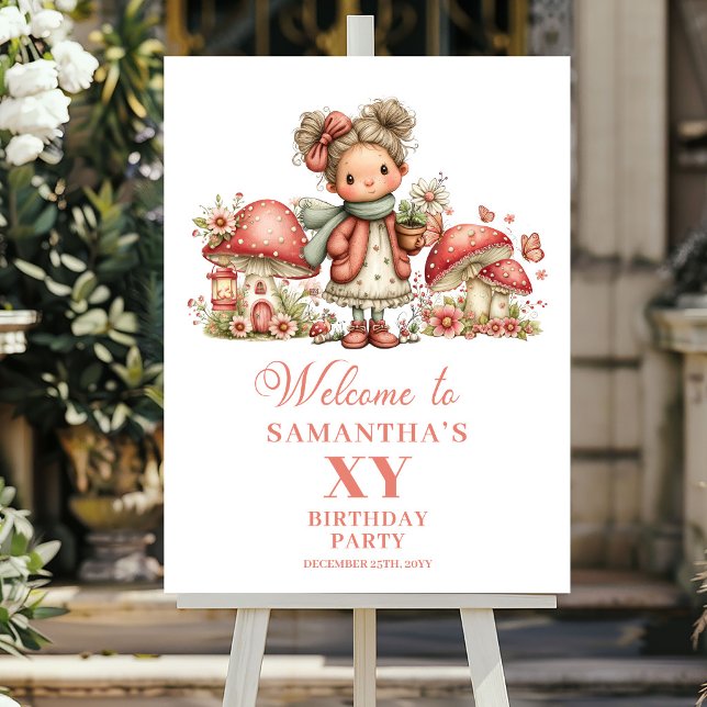 Nyckfull Änglarykt Blommande Födelsedags Välkomsts Poster (Whimsical Fairy Blush Floral Birthday Welcome Sign)
