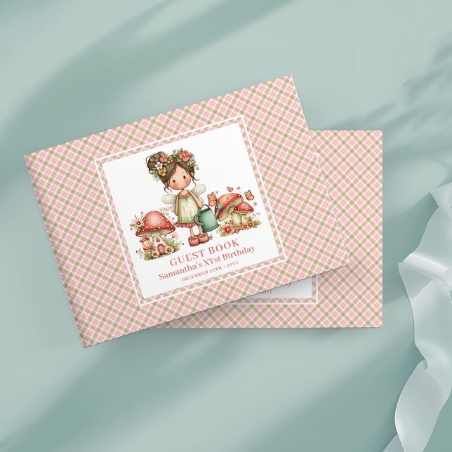 Nyckfull Ängsblomma Rosa Blommor Svamp Gästbok (Whimsical Fairy Pink Flowers Mushroom Guest Book)