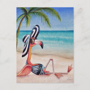 Nyckfull Beach Babe Flamingo Nr. 1 Akvarellkonst Vykort