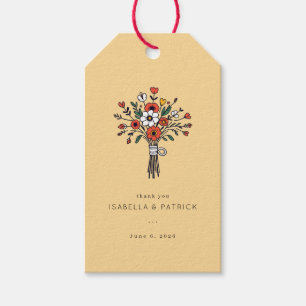 Nyckfull beige blomsterbukettillustration presentetikett