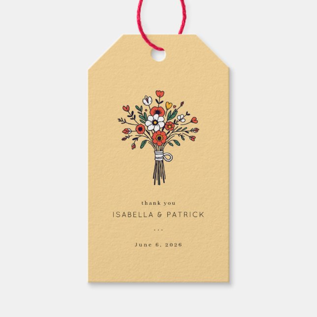 Nyckfull beige blomsterbukettillustration presentetikett (Framsidan)