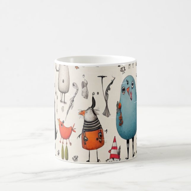 Nyckfull blå fågel & fantasivänner illustrerade kaffemugg (Center)