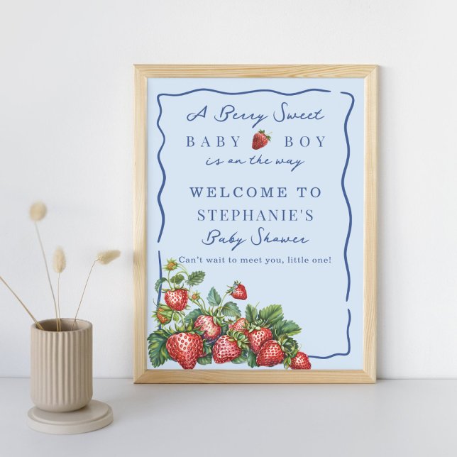 Nyckfull Blå Jordgubbs Baby Shower Välkomstskylt Poster (Skapare uppladdad)