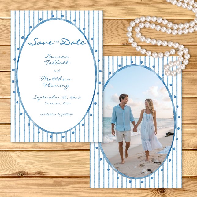 Nyckfull Blå Oval Akvarell Rand Foto Spara Datumet (Whimsical Blue Oval Watercolor Stripe Photo Save The Date)