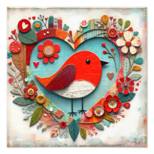 Nyckfull blandteknik Red Robin Bird Heart