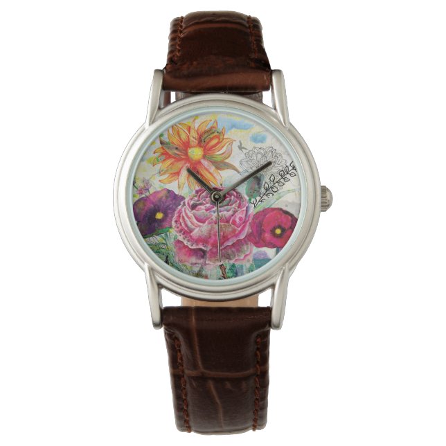 Nyckfull blandteknisk collagekonst armbandsur (Framsida)