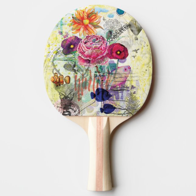 Nyckfull blandteknisk collagekonst pingisracket (Baksidan)