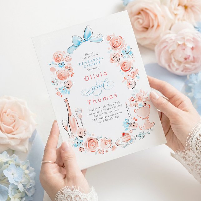 Nyckfull Blommig Handritad Båge Övningsmiddag Inbjudningar (Dusty Blue and Pink Whimsical Hand-illustrated Rehearsal Dinner Invitations)