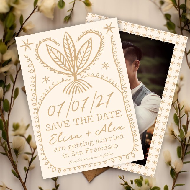 Nyckfull Boho Ram SAVE THE DATE ANPASSAD FOTO Spara Datumet (Whimsical Boho Frame SAVE THE DATE CUSTOM PHOTO
Botanical Stars Unique Cute Cream Gold)