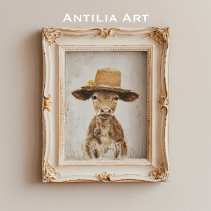Nyckfull bondgårdsdjursko Måleri Kalv med hatt Poster