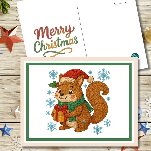 Nyckfull Broderad Ekorre Jul Vykort (Skapare uppladdad)