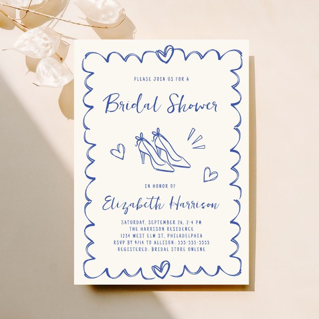Nyckfull Bröllopsdusch i Handritad Blå Krämfärg Inbjudningar (Whimsical hand drawn bridal shower invitation to set the tone for an unforgettable event)