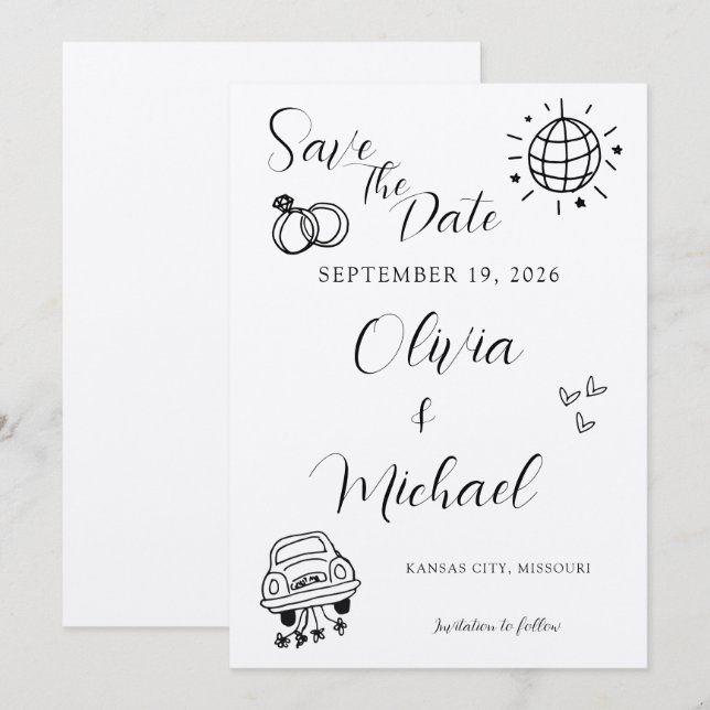 Nyckfull bröllopsinbjudan med lekfulla ikoner spara datumet (Fram/baksida)