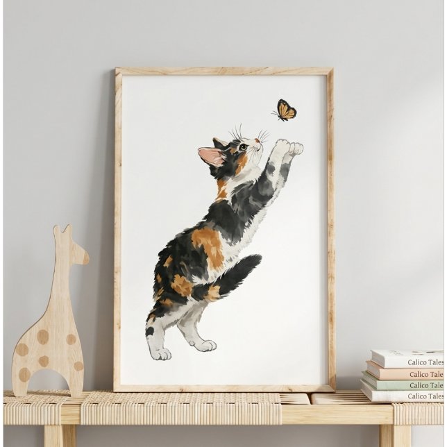 Nyckfull Calico Katt & Fjäril Akvarell Konst Poster (Skapare uppladdad)