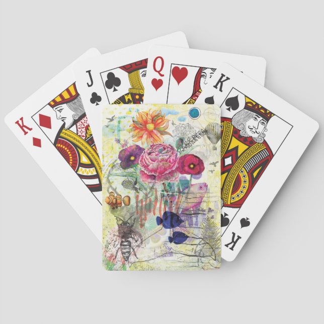 Nyckfull collagekonst i blandad teknik casinokort (Baksidan)