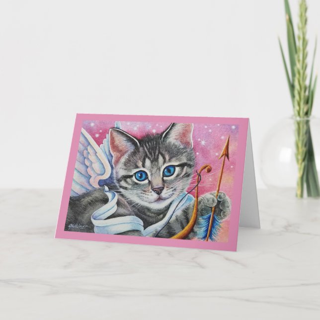 Nyckfull Cupid Tabby Kitty Katt Akvarell Konst Kort (Framsida)