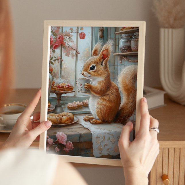 Nyckfull Ekorre som Dricker Te Kafé Arttryck Poster (Skapare uppladdad)